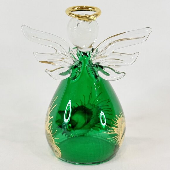 Vintage Hand Blown Glass Green Gold Angel Ornament Standing Decor 4" - Picture 3 of 6